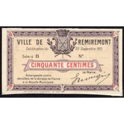 88 - Pirot 60 - Remiremont - 50 centimes - Série B - 23/09/1915 - Essai - Etat : SPL