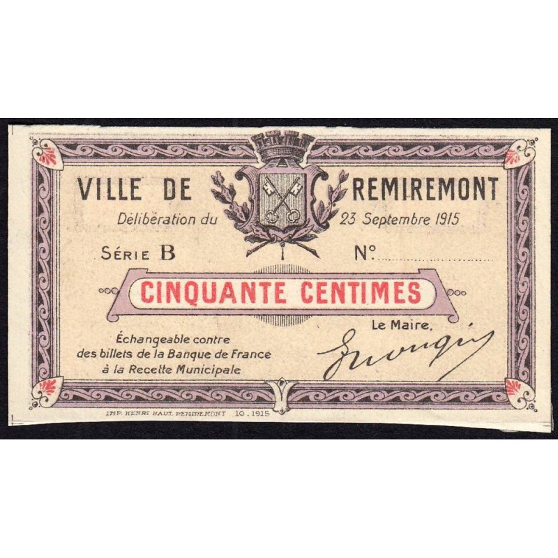 88 - Pirot 60 - Remiremont - 50 centimes - Série B - 23/09/1915 - Essai - Etat : SPL