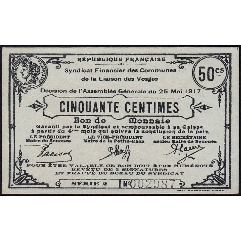 88 - Pirot 82 - Senones - 50 centimes - Série 2 - 25/05/1917 - Etat : NEUF