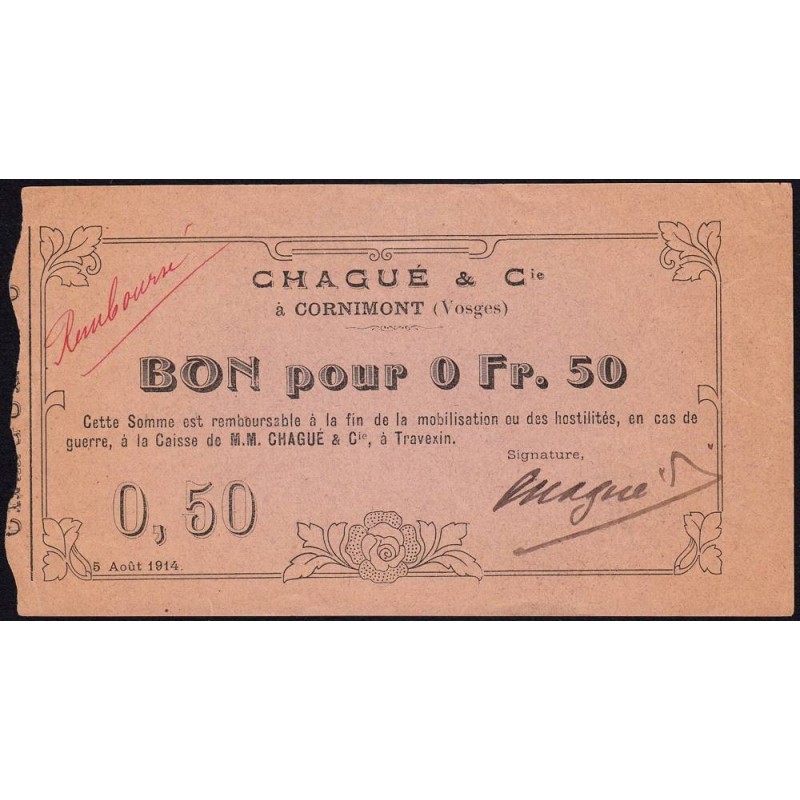 88 - Pirot 31 - Cornimont - 0,50 franc - Sans série - 05/08/1914 - Remboursé - Etat : SUP