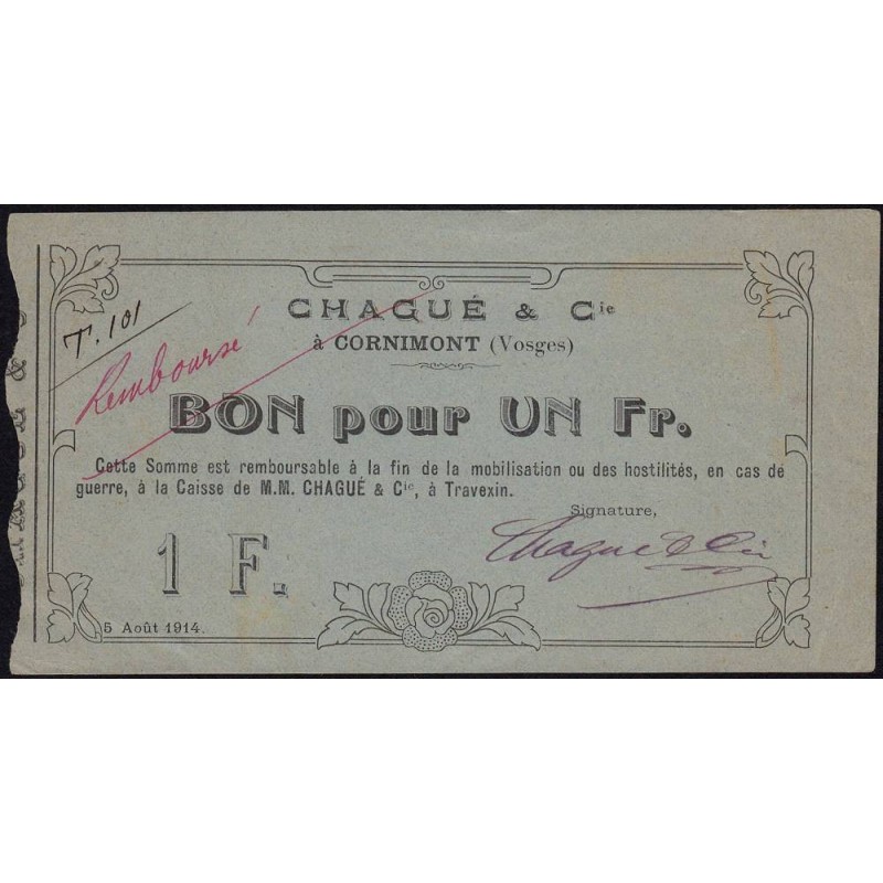 88 - Pirot 33 - Cornimont - 1 franc - Série T 101 - 05/08/1914 - Remboursé - Etat : SUP+