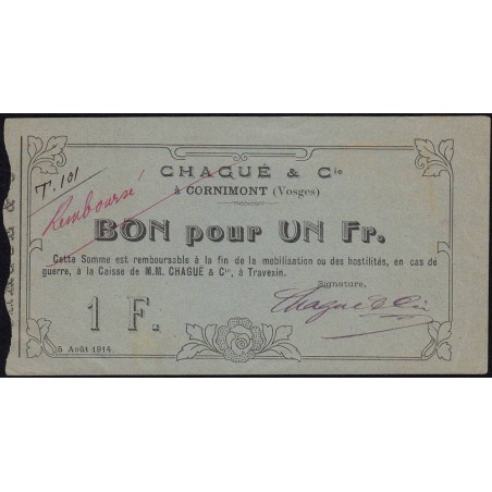 88 - Pirot 33 - Cornimont - 1 franc - Série T 101 - 05/08/1914 - Remboursé - Etat : SUP+