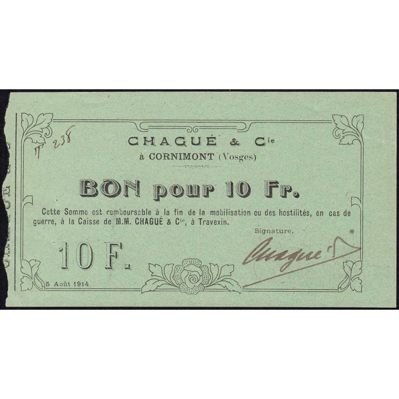 88 - Pirot 39v - Cornimont - 10 francs - Série T 238 - 05/08/1914 - Etat : SPL