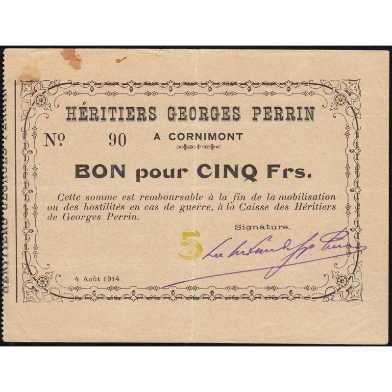 88 - Pirot 47 - Cornimont - 5 francs - Sans série - 04/08/1914 - Etat : TTB