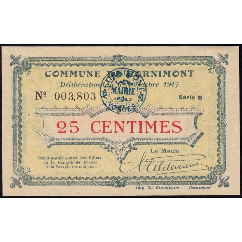 88 - Pirot 20 - Cornimont - 25 centimes - Série B - 06/11/1917 - Etat : SPL+