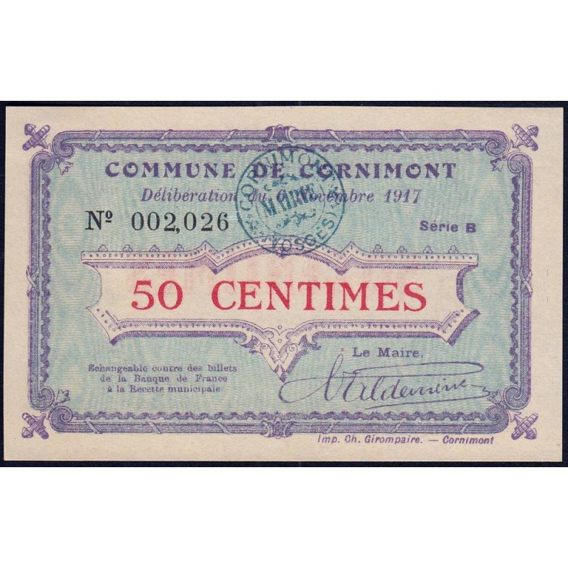 88 - Pirot 22 - Cornimont - 50 centimes - Série B - 06/11/1917 - Etat : SPL+