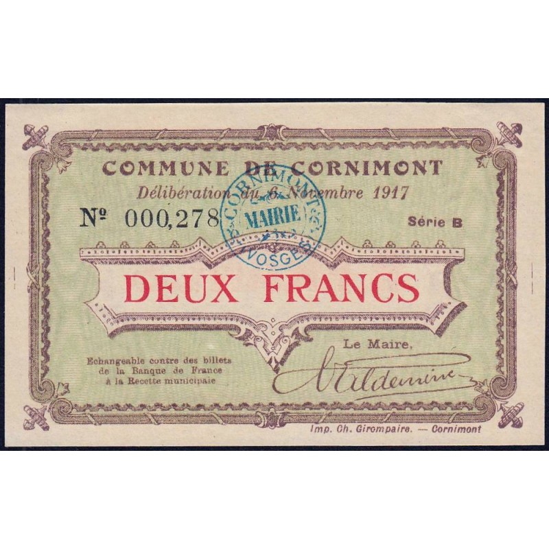 88 - Pirot 27 - Cornimont - 2 francs - Série B - 06/11/1917 - Etat : SPL+