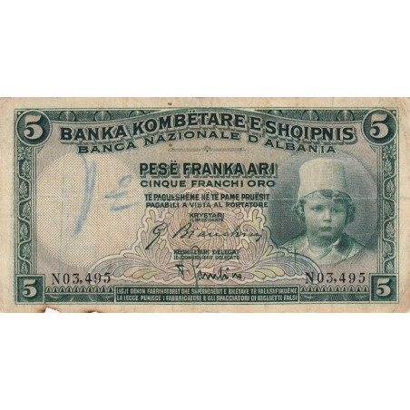 Albanie - Pick 2b - 5 francs or - Série N - 1926 - Etat : TB-