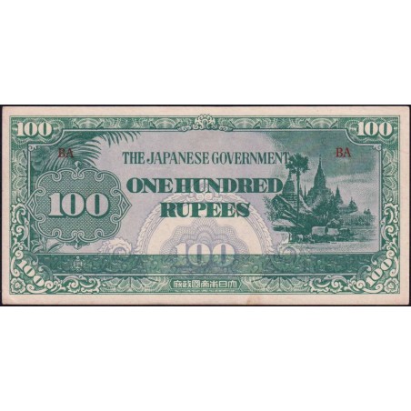 Birmanie - Gouvernement Japonais - Pick 17b - 100 rupees - Série BA - 1944 - Etat : SUP