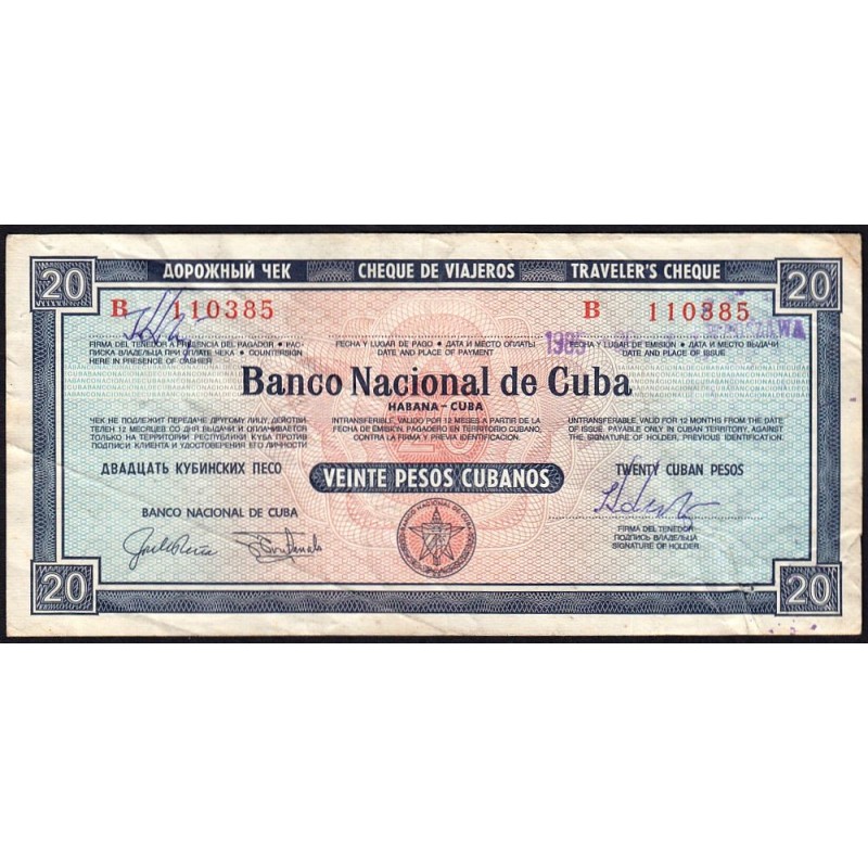 Cuba - Chèque de voyage - Banco Nacional de Cuba - 20 pesos - 1986 - Etat : TB