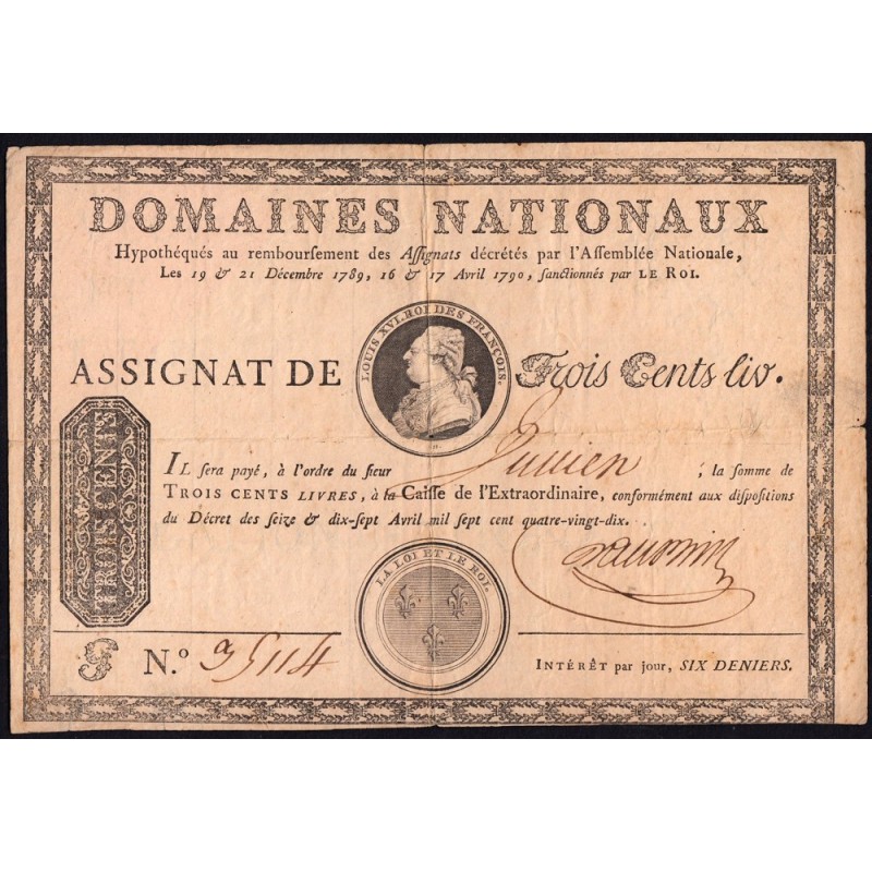 Assignat 02b - 300 livres à endos - Série G - 1789 - Etat : pr. TTB