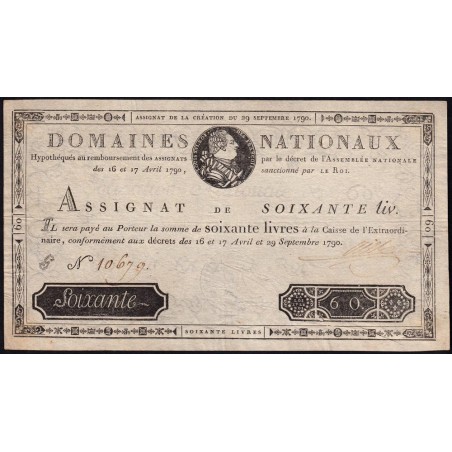 Assignat 05a - 60 livres - 29 septembre 1790 - Série G - Etat : TTB+ à SUP