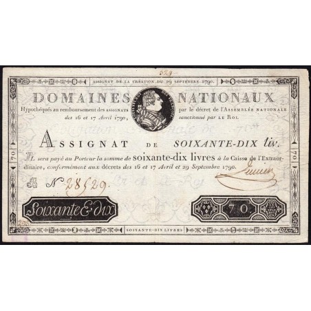 Assignat 06a - 70 livres - 29 septembre 1790 - Série B - Etat : TTB+ à SUP