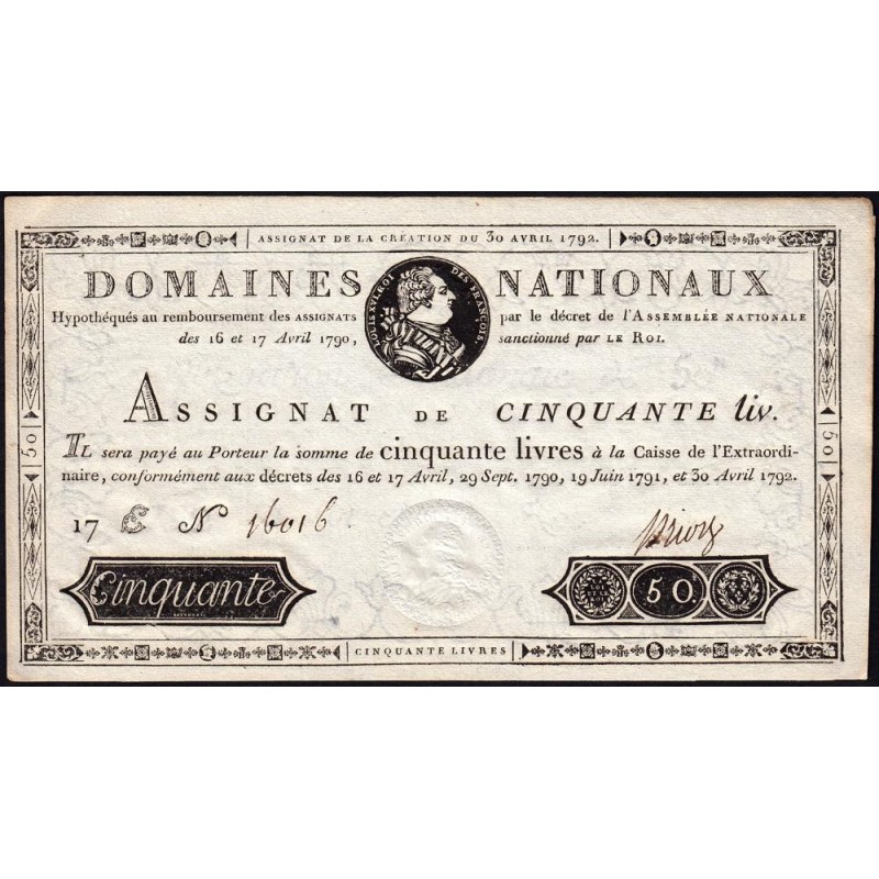 Assignat 28a - 50 livres - 30 avril 1792 - Série 17E - Etat : pr.NEUF