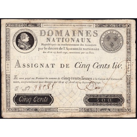 Assignat 10a - 500 livres - 29 septembre 1790 - Série J - Etat : TB+