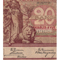 Belgique - Pick 62b - 20 francs - 22/01/1905 - Etat : TB-