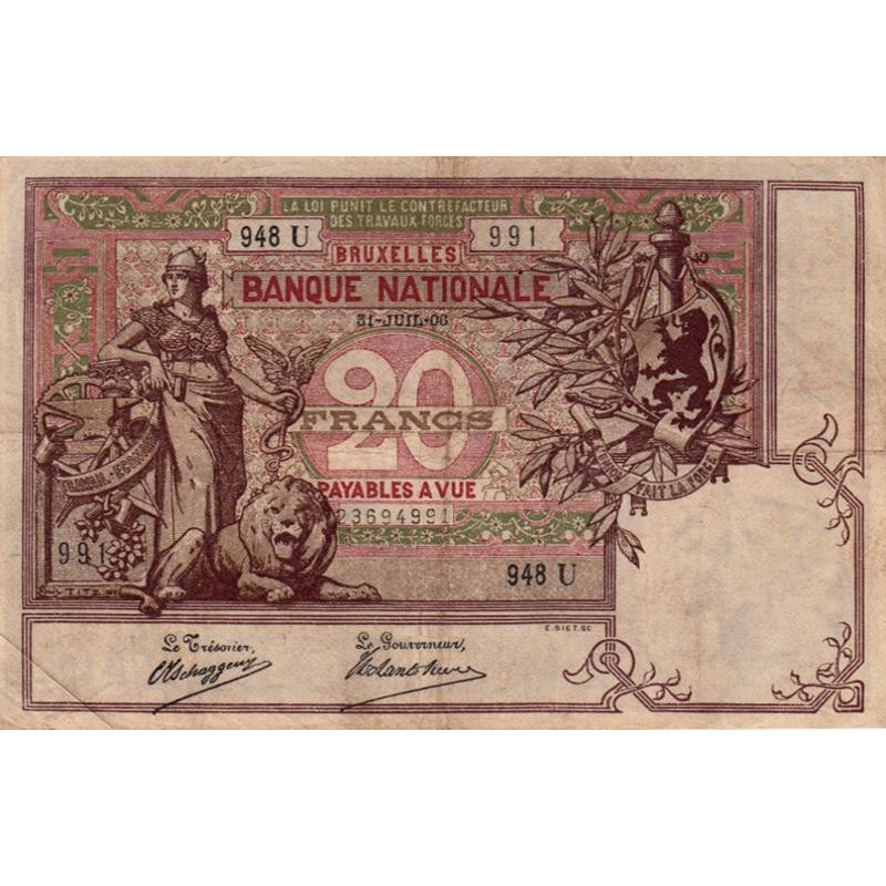 Belgique - Pick 62d - 20 francs - 31/07/1906 - Etat : TTB