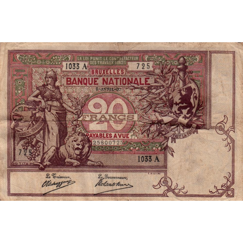 Belgique - Pick 62d - 20 francs - 05/04/1907 - Etat : TB+