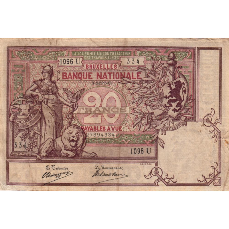 Belgique - Pick 62d - 20 francs - 06/09/1907 - Etat : TTB-