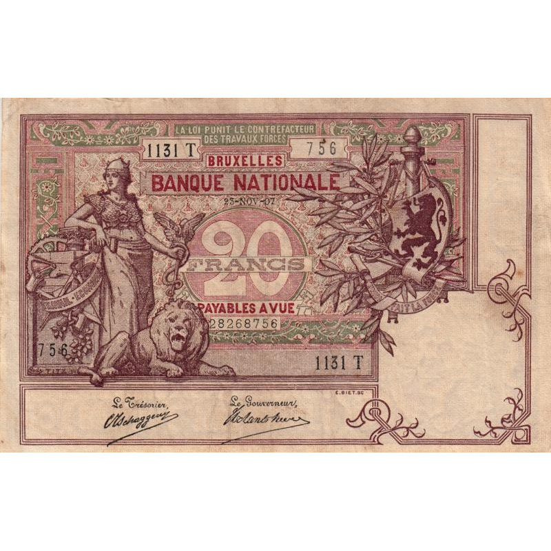 Belgique - Pick 62d - 20 francs - 23/11/1907 - Etat : TTB