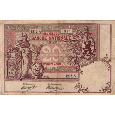 Belgique - Pick 62d - 20 francs - 12/07/1908 - Etat : TB+
