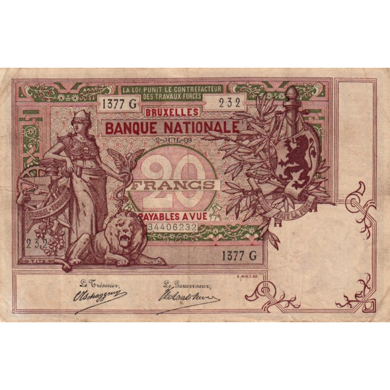 Belgique - Pick 62d - 20 francs - 02/07/1909 - Etat : TTB-