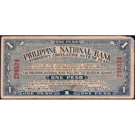 Philippines - Cebu - Pick S 215 - 1 peso - Sans lettre de série - 29/12/1941 - Etat : TB