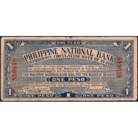 Philippines - Cebu - Pick S 215 - 1 peso - Sans lettre de série - 29/12/1941 - Etat : TB
