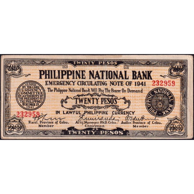 Philippines - Cebu - Pick S 218a - 20 pesos - Sans lettre de série - 29/12/1941 - Etat : TTB