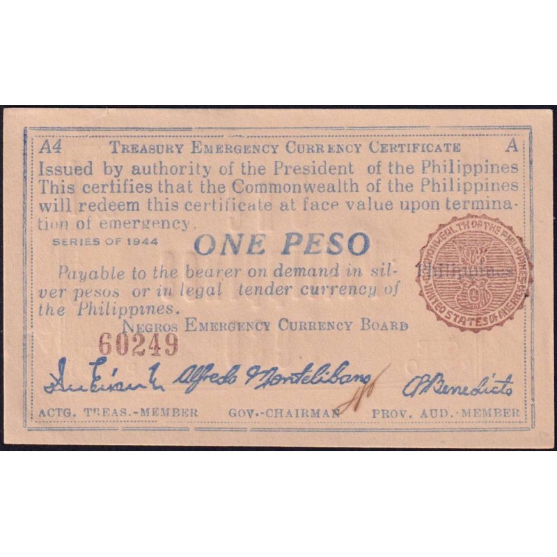 Philippines - Negros - Pick S 668a - 1 peso - Série A4 - 1944 - Etat : pr.NEUF