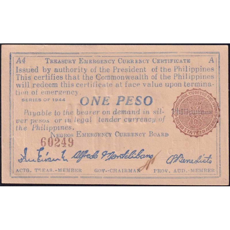 Philippines - Negros - Pick S 668a - 1 peso - Série A4 - 1944 - Etat : pr.NEUF