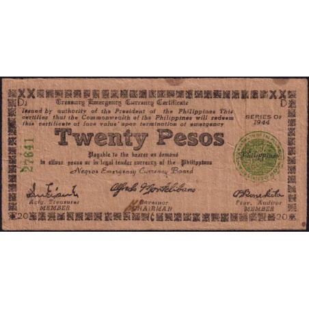 Philippines - Negros - Pick S 680a - 20 pesos - Série D1 - 1944 - Etat : TTB