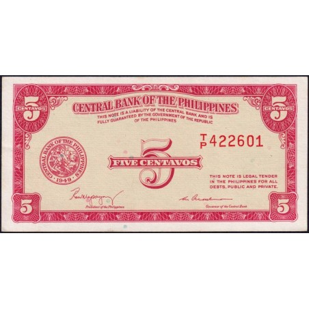 Philippines - Pick 126a - 5 centavos - Série T/P - 1949 (1954) - Etat : SPL+