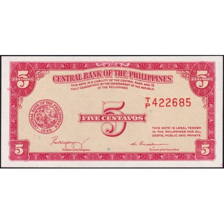 Philippines - Pick 126a - 5 centavos - Série T/P - 1949 (1954) - Etat : NEUF