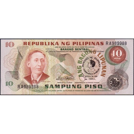 Philippines - Pick 167a_2 - 10 piso - Série RA - 30/06/1981 - Commémoratif - Etat : NEUF