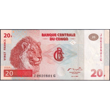 Rép. Démocr. du Congo - Pick 88A - 20 francs - Série J G - 01/11/1997 - Etat : SPL+