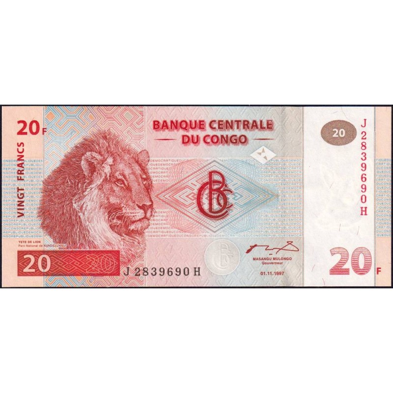 Rép. Démocr. du Congo - Pick 88A - 20 francs - Série J C - 01/11/1997 - Etat : NEUF