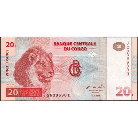 Rép. Démocr. du Congo - Pick 88A - 20 francs - Série J C - 01/11/1997 - Etat : NEUF