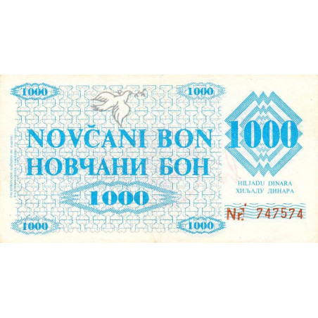 Bosnie-Herzégovine - Pick 8g - 1'000 dinara - Série M - 11/05/1992 - Etat : TTB+