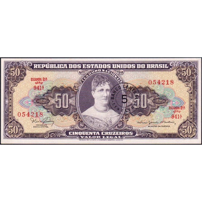 Brésil - Pick 184a - 5 centavos / 50 cruzeiros - Série 941 - Estampa 2 - 1966 - Etat : NEUF
