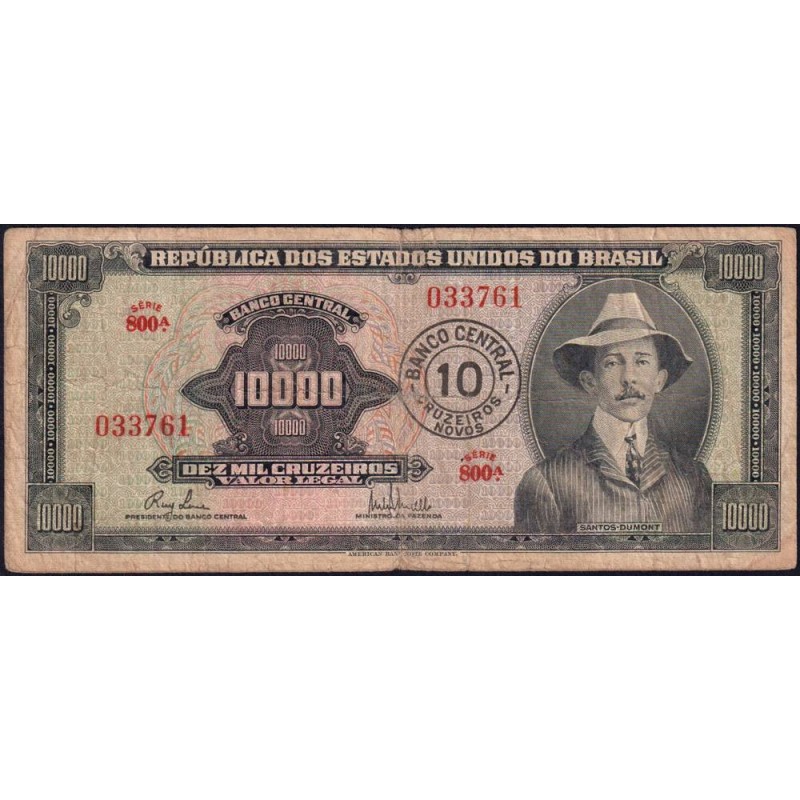 Brésil - Pick 189b - 10 cruzeiros novos / 10000 cruzeiros - Série 800 - Sans estampa - 1967 - Etat : B