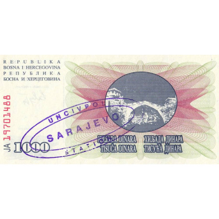 Bosnie-Herzégovine - Sarajevo - Pick 15sar - 1'000 dinara - Série JA - 01/07/1992 - Etat : NEUF