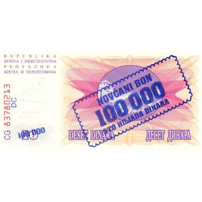 Bosnie-Herzégovine - Pick 34b - 100'000 sur 10 dinara - Série CG DC - 10/11/1993 - Etat : NEUF