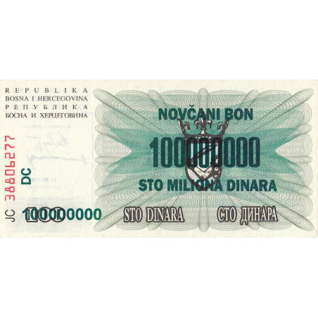 Bosnie-Herzégovine - Pick 37b - 100'000'000 sur 100 dinara - Série JC DC - 10/11/1993 - Etat : NEUF