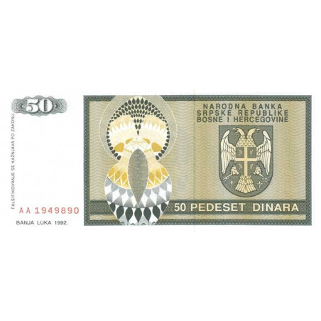 Bosnie-Herzégovine - Pick 134 - 50 dinara - Série AA - 1992 - Etat : NEUF