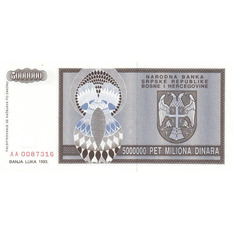 Bosnie-Herzégovine - Pick 143 - 5'000'000 dinara - Série AA - 1993 - Etat : NEUF