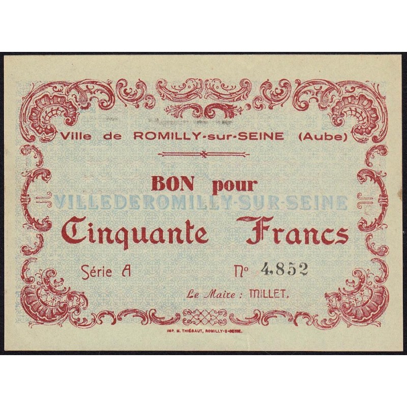 10 - Romilly-sur-Seine - Kolsky 101 - 50 francs - Série A - 24/06/1940 - Etat : SUP+