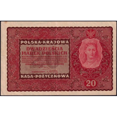 Pologne - Pick 26_1 - 20 marek - Emission II - Série FJ - 23/08/1919 - Etat : TTB+