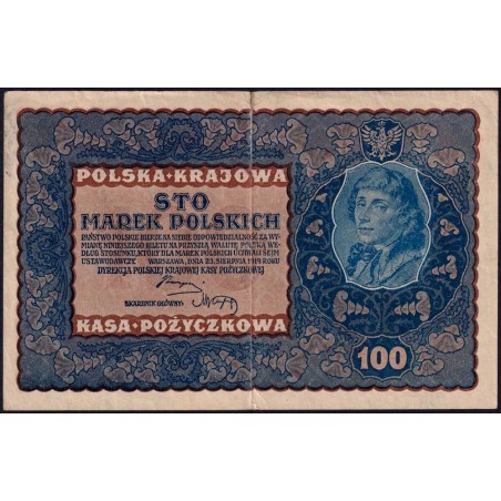 Pologne - Pick 27_1b - 100 marek - Emission IA - Série U - 23/08/1919 - Etat : TTB