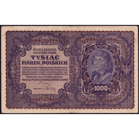 Pologne - Pick 29_1a - 1'000 marek - Emission I - Série B - 23/08/1919 - Etat : TTB